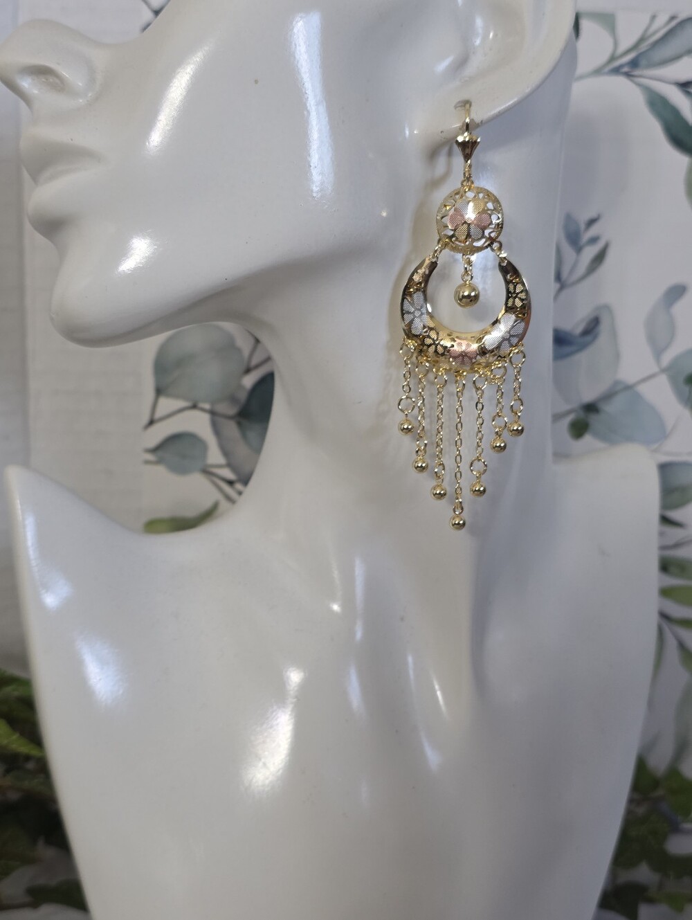 Tricolor Gold Filled Floral Chandelier Earrings Dangle Drop Filigree Leverback - Picture 9 of 10